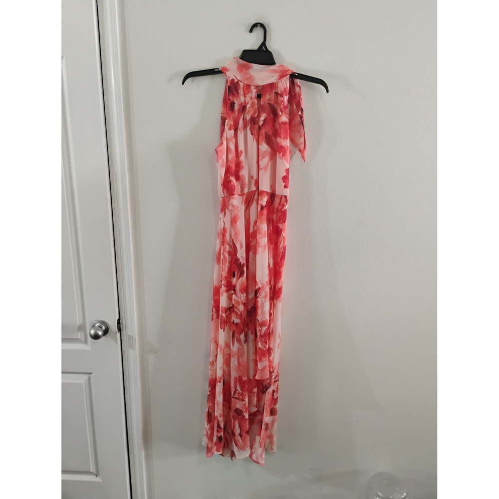 White House Black Market Pink Red Floral Halter Maxi Dress Size 6 Tie Neck